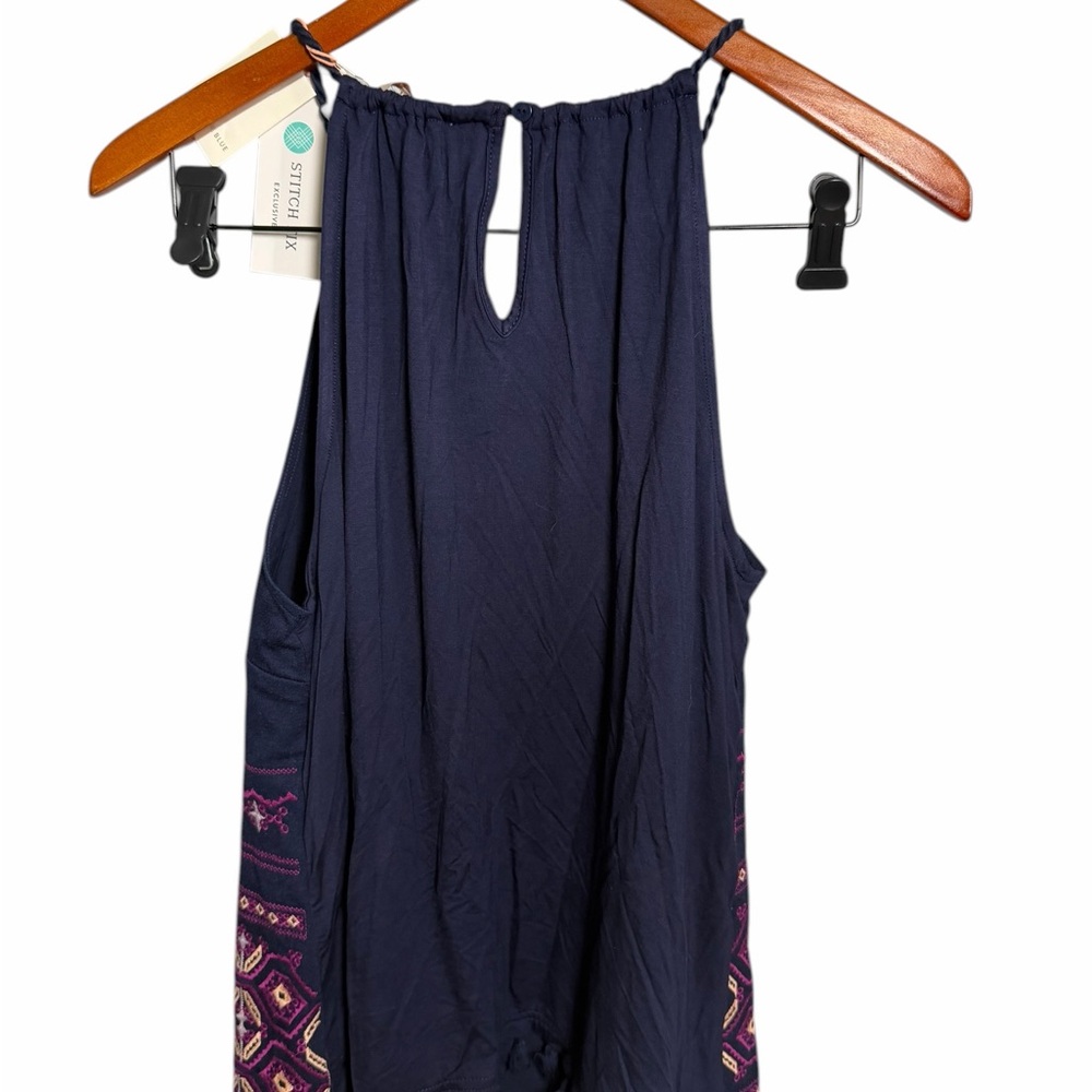 Skies Are Blue Navy Embroidered Halter Camisole with Purple Accents - Picture 3 of 8